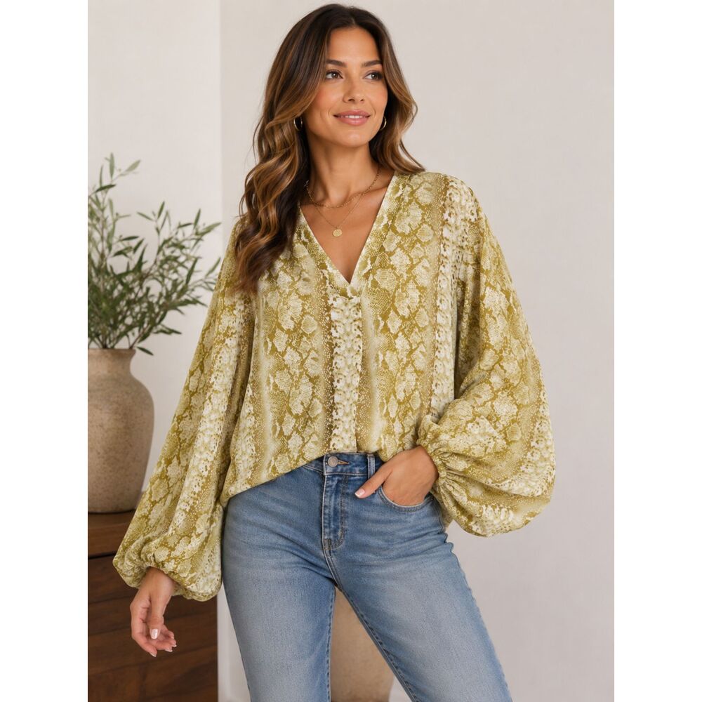 Entro Womens Snake Print Blouse Sz L Olive Beige Balloon Sleeve Boho Top N3